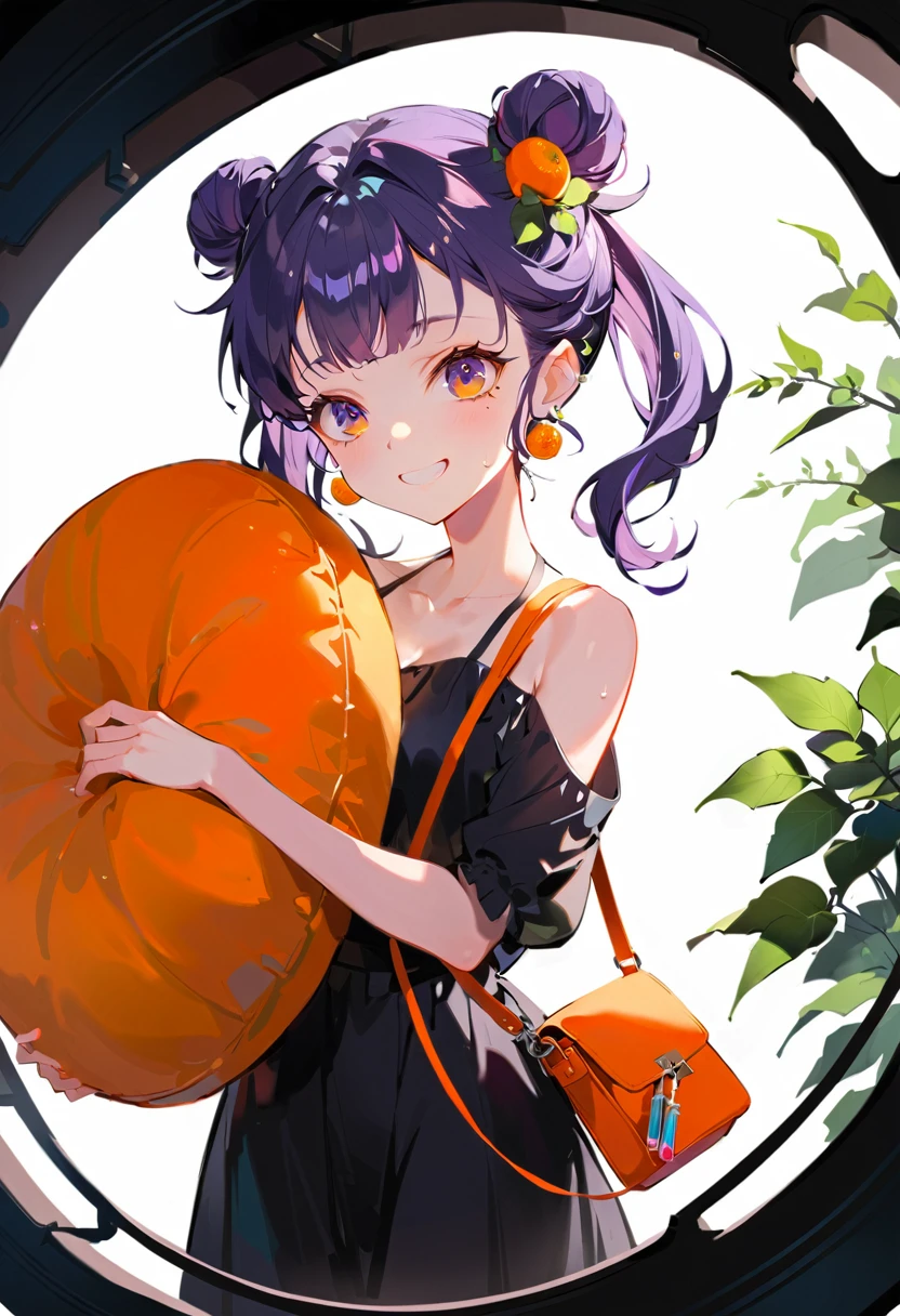 Purple hair girl painting、Glass mandarin orange earrings decorate both ears、Eye color: Ocean pink purple、Space Eyes、Poolside、(((Giant orange shaped cushion)))、((Hugging on a cushion))、Sit down, long hair、Bun Hair、Cool and complicated, Hand holding sliced orange, A very happy expression with plenty of orange juice、((The syringe contains orange juice))、Very embarrassed、The best smile、Open your mouth wide、Grin、目はclose、((Purple and black dress))、((Syringe Shoulder Bag)), Fun and lively characters, close( Perfect Anatomy )、Beautiful, translucent white skin、A purple dress slightly damp with sweat、Underwear is visible、quality\(8K,非常に精細なCGユニットのwallpaper, masterpiece,High resolution,top-quality,top-quality real texture skin,Super two-dimensional,Increase the resolution,RAW Photos,最高quality,Very detailed,wallpaper,Ray-tracing,Golden Ratio\),[Browsing Caution]、White and orange theme、Everything is orange except for the outfit, hairstyle, and eye color.、barefoot