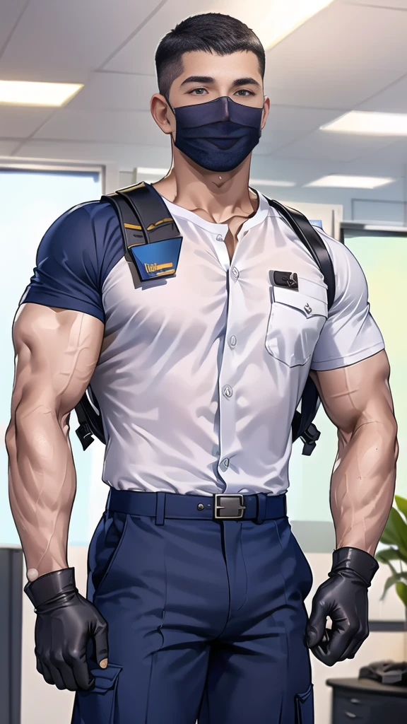 handsome man,(crew cut short hair:1.6),black eye,smile,open mouth,
(navy police uniform outsite :1.5),(shirt short sleeves:1.5),collar,(shirt no buttons:1.1),(black_gloves:1.3),
(Navy blue cargo:1.2),Korean guy,korean men,(High gloss details),(chest muscles:1.2),(large arm muscles:1.2),blood vessel,Big muscles,Broad shoulders,looking at the audience,Balancing the eyes,middle of the road,,(backpack:1.3)
(in office:1.5) ,(navy Cotton Mask:1.3)