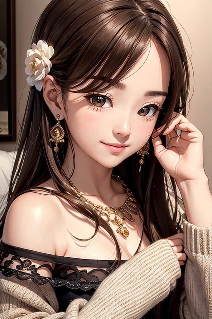 an unparalleled masterpiece、Ultra-realistic 8k CG、perfect artwork、wallpaper、1 Girl Girl Beautiful Girl、alone、beautiful face、
hair ornaments、looking at the viewer、Put a smile on your face、closed your mouth、hair ornaments、headless、jewelry、earrings、Brown hair long hair、◯◯ hairstyle、(())