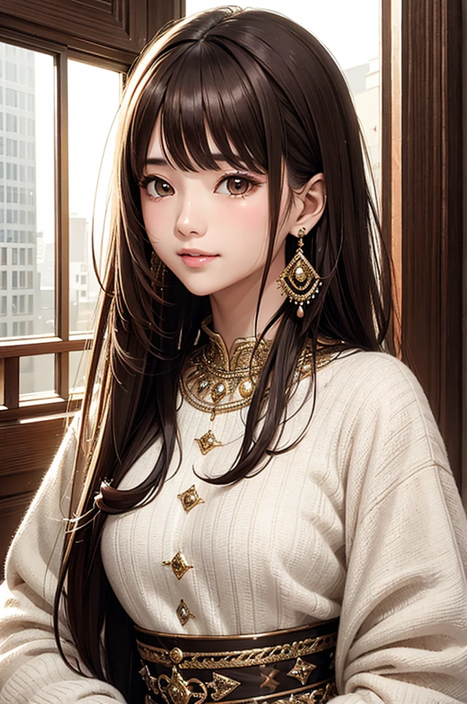 an unparalleled masterpiece、Ultra-realistic 8k CG、perfect artwork、wallpaper、1 Girl Girl Beautiful Girl、alone、beautiful face、
hair ornaments、looking at the viewer、Put a smile on your face、closed your mouth、hair ornaments、headless、jewelry、earrings、Brown hair long hair、◯◯ hairstyle、(())