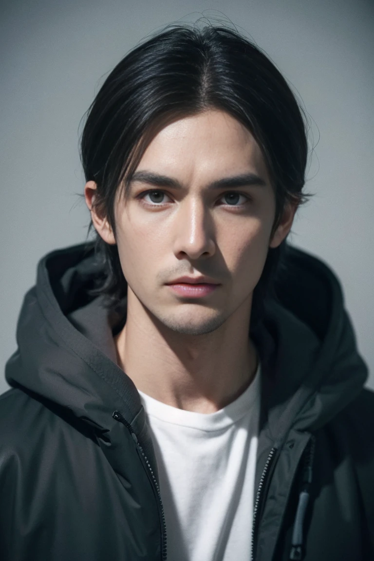 Rollo is a tall young man with a pale complexion. His hair is grey with streaks of white, and is styled in front with short, choppy bangs following longer sections framing his face above his ears, which lead into thin grey sideburns. His nose is vertically long and flat, and his eyebrows are dark-grey, furrowed and s-shaped. He has sanpaku eyes, which are a pale forest-green with tints of deep blue framed with dark-grey, thick and upturned eyelashes with large hoods above them. His lips are thin and pale, darker on the upper lip and paler on the bottom.

His heavy eye-bags are particularly striking, being a deep grey and even coloring the hoods; because of them, his eyes are creased at the bottoms. His face is typically inexpressive, usually displaying a scowl. He uses a handkerchief to cover up his expressions in public.