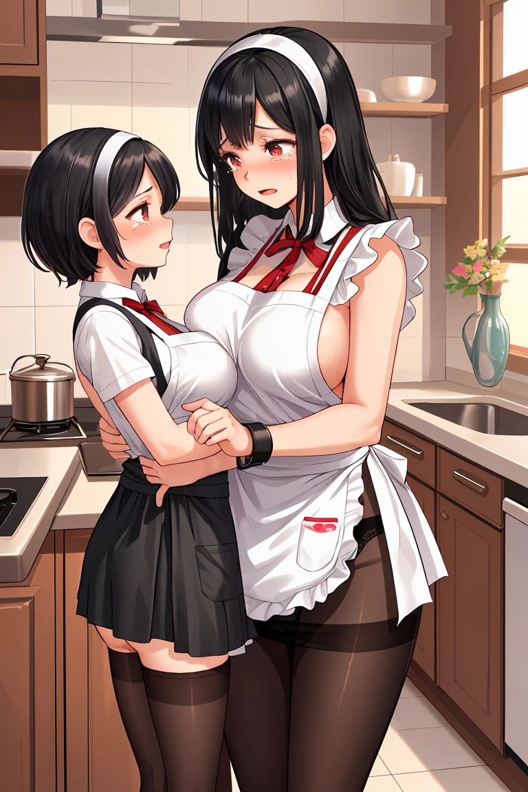 Beauty mother-in-law Black Hair A little height difference Mother and daughter have beautiful breasts hair band Both mother and daughter are holding back tears. apron kitchen mini skirt Black Pantyhose Panty shot White panties handcuffs