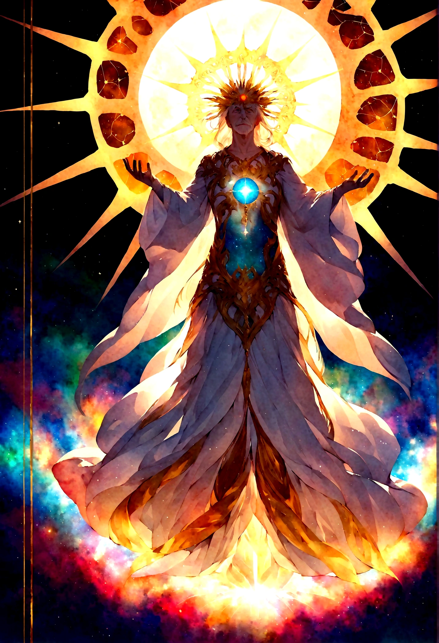Create an image of "The Creator," a divine entity of great power and majesty. He should be depicted as a very elderly man, imposing and serene, with a radiant celestial aura surrounding him. His face, deeply marked by the signs of time and advanced age, expresses wisdom and benevolence, with deep eyes that reflect the universe. He has a long white beard and white hair that highlight his extreme longevity and antiquity. He wears a flowing robe of bright colors that blends with the light around him, symbolizing his connection to creation. His hands are open, emanating magical and creative energy that forms and shapes worlds. In the background, there should be a dazzling galaxy, representing the vastness of the cosmos he has created.