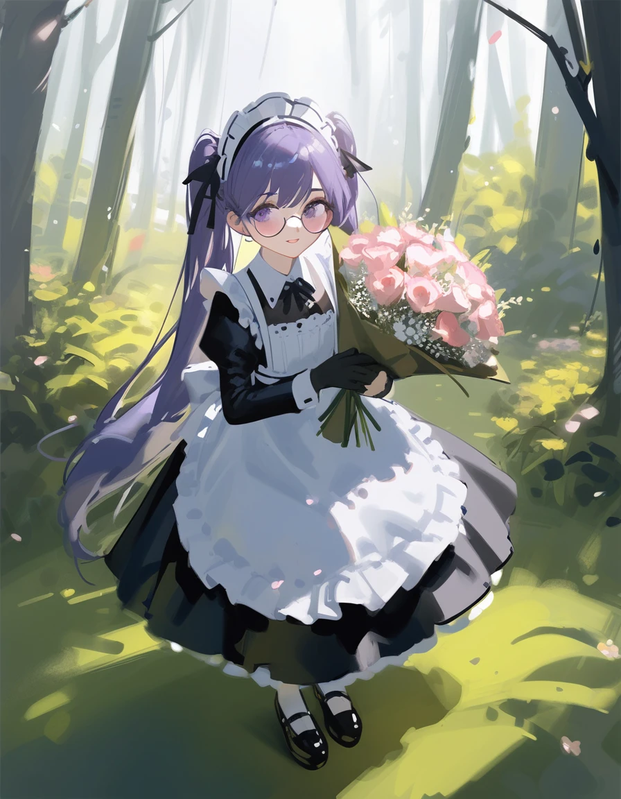 Ciloranko,  wlop, 1girl,  独奏,  flower,  bouquet,  purple eyes,  maid headdress,  looking at viewer,  maid,  apron,  full body, long hair, twintails,  holding,  white background,  long sleeves,  holding bouquet,  dress,  bow,  juliet sleeves,  puffy sleeves,  blush,  Spring Flowering Forest, parted lips,  frills,  ribbon,  two side up,  hair bow,  maid apron one girl, super high quality, Super Detail, Super Detailed image, long hair, looking at viewer, skirt, shirt, hair ornament, violet eyes,black gloves, round glasses, long sleeves,violet hair, round glasses, Flat Chest, smile