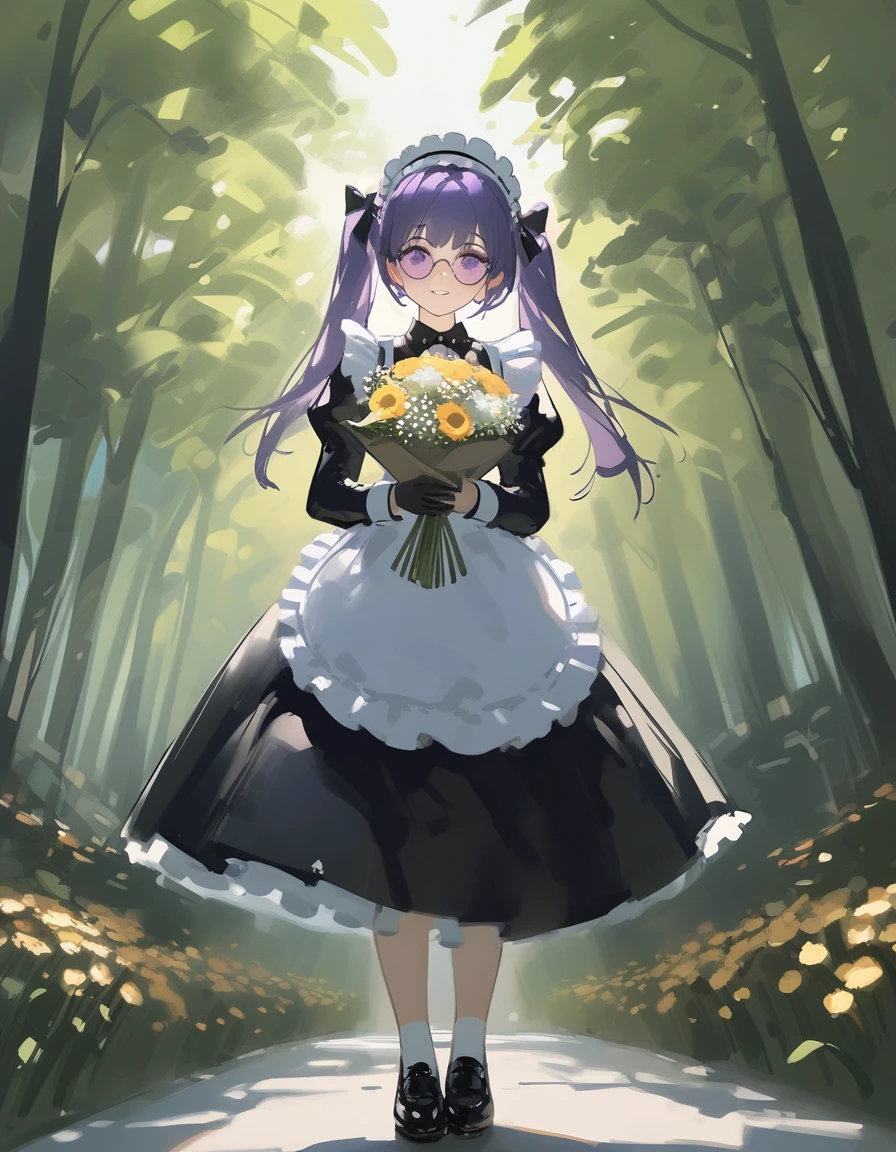 Ciloranko, wlop, 1girl, 独奏, flower, bouquet, purple eyes, maid headdress, looking at viewer, maid, apron, full body, long hair, twintails, holding, white background, long sleeves, holding bouquet, dress, bow, juliet sleeves, puffy sleeves, blush, Spring Flowering Forest, parted lips, frills, ribbon, two side up, hair bow, maid apron one girl, super high quality, Super Detail, Super Detailed image, long hair, looking at viewer, skirt, shirt, hair ornament, violet eyes,black gloves, round glasses, long sleeves,violet hair, round glasses, Flat Chest, smile