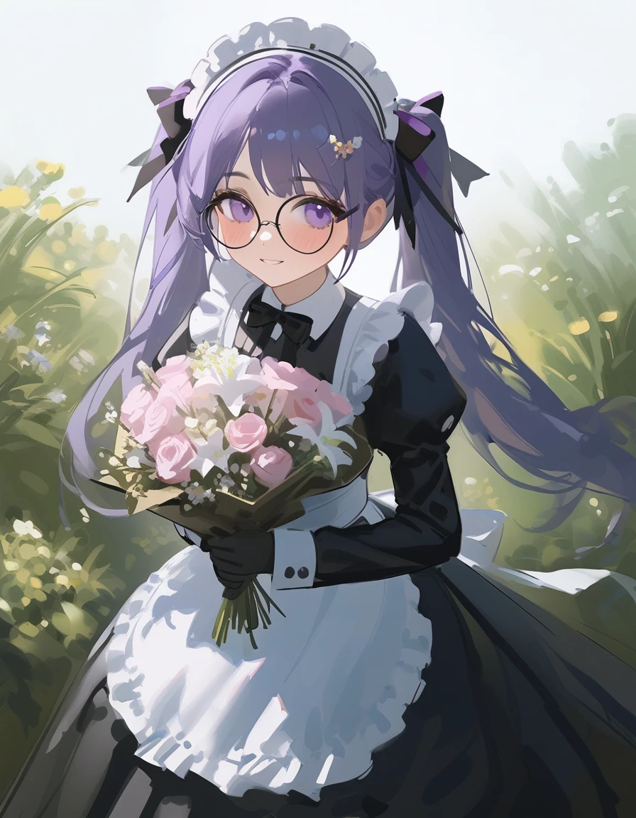 Ciloranko, wlop, 1girl, 独奏, flower, bouquet, purple eyes, maid headdress, looking at viewer, maid, apron, full body, long hair, twintails, holding, white background, long sleeves, holding bouquet, dress, bow, juliet sleeves, puffy sleeves, blush, Spring Flowering Forest, parted lips, frills, ribbon, two side up, hair bow, maid apron one girl, super high quality, Super Detail, Super Detailed image, long hair, looking at viewer, skirt, shirt, hair ornament, violet eyes,black gloves, round glasses, long sleeves,violet hair, round glasses, Flat Chest, smile