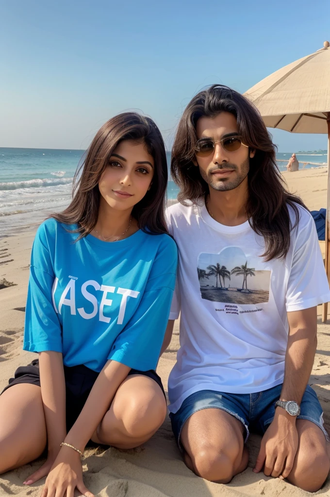 A couple siting on a beach enjoying sunest,boy wearing a shirt PARASH written on it girl wearing a shirt SANGEETA nir written on it