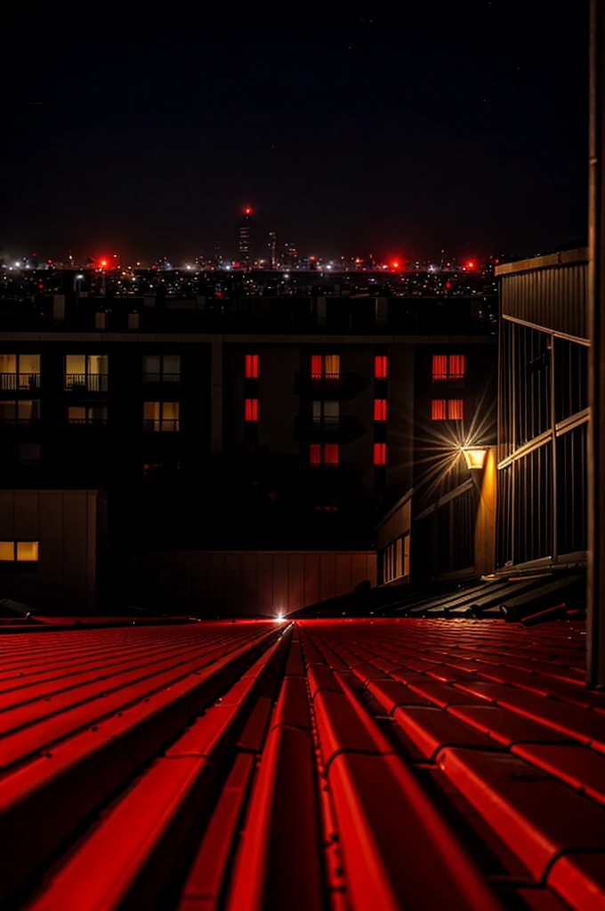 There are red lights on the rooftop, looking up at night