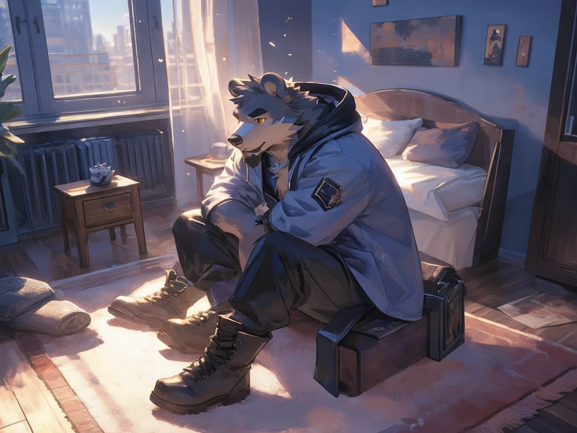(masterpiece:1.2), best quality,pixiv,official art,perfect anatomy, (Ray tracing, light),solo, (1_male:1.3) , (muscle), (grey fur:1.4), (muscle bear), (beard:1.2), (gleaming golden eyes), bear tail, Thick black eyebrows, (open hooded parka) , (naked inside:1.2), cargo pants, (boots:1.2), (in the highfloor apartment: 1.3), indoor , fur carpet , cushion , rest on floor