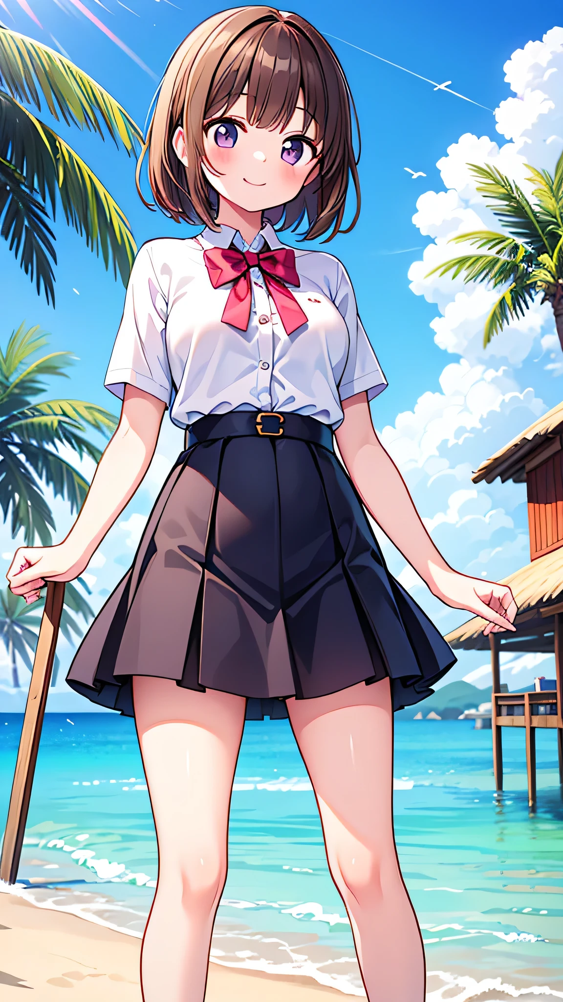 {Highest quality], [Super beautiful], [Ultra fine], [Best illustration], NSFW,Brown Hair, Hime cut,Bangs,girl,,uniform,knit cardigan,Short sleeve,skirt,smile, blush, Slender women,Standing posture,At the Beach,Summer festival,diagonal, barefoot,From below