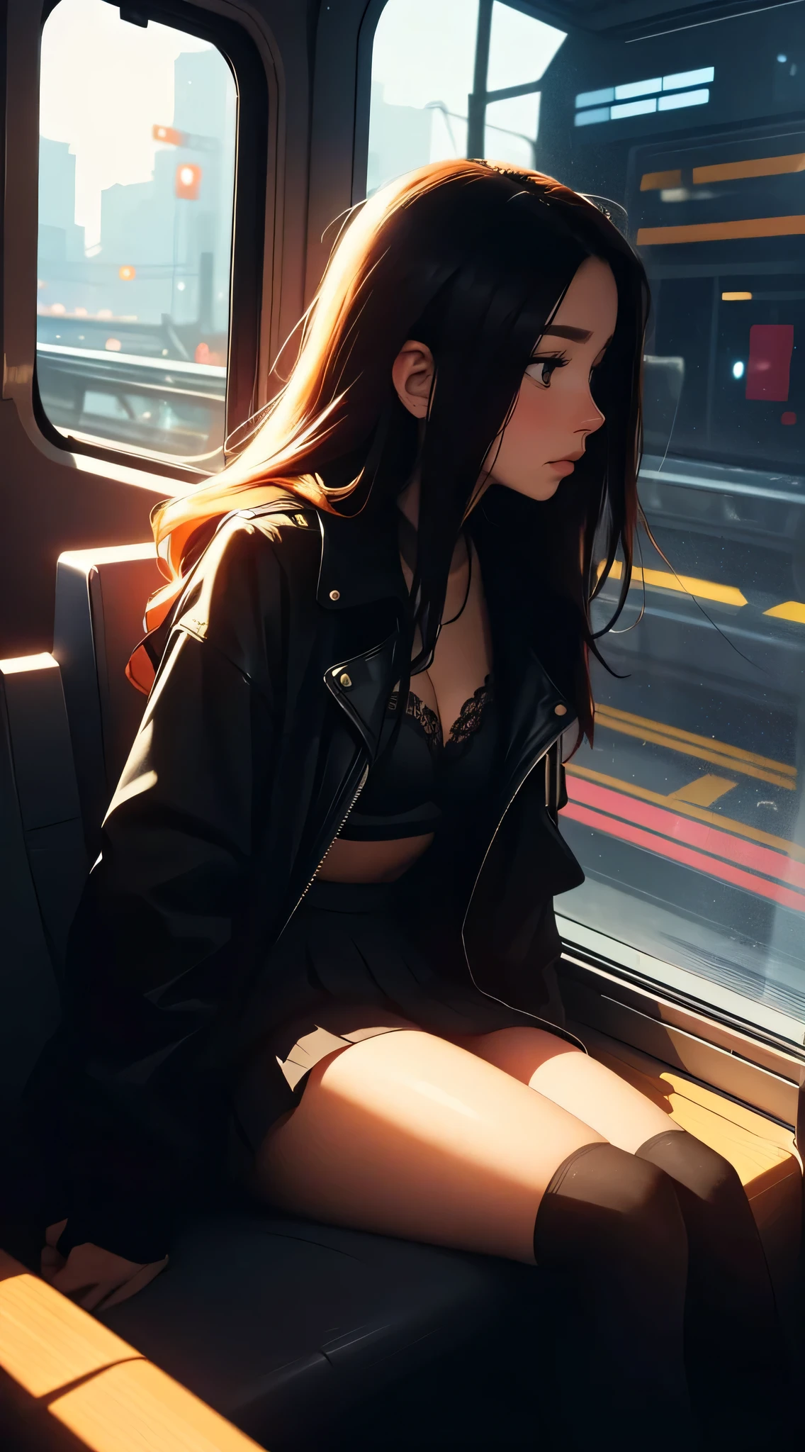 train du futur, cyberpunk, sitting by the window, pose pensives, Looking dreamily off in the distance,
Landscape passing by at high speed, voyage de nuit, beautiful starry sky, Une belle fille avec,
UHD Portrait, (High quality) (ultra details) Spectator in tenue de ville hip-hop style. open jacket, bra, short skirt, over the knee socks, striped; different, colourfull, colored long hair 🌈
Back light. light through hair, low key lighting, deep shadows, dark scene. spotlight on face