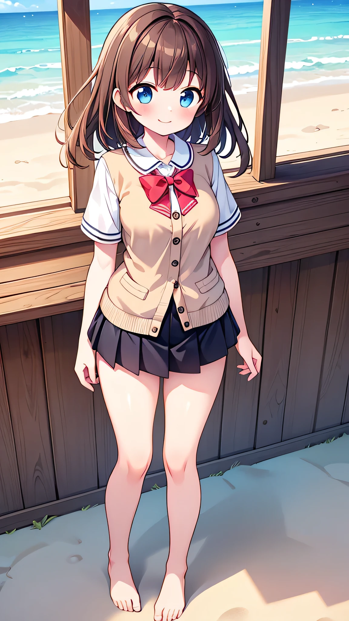 {Highest quality], [Super beautiful], [Ultra fine], [Best illustration], NSFW,Brown Hair, Hime cut,Bangs,girl,,uniform,knit cardigan,Short sleeve,skirt,smile, blush, Slender women,Standing posture,At the Beach,Summer festival,diagonal, barefoot,diagonalから