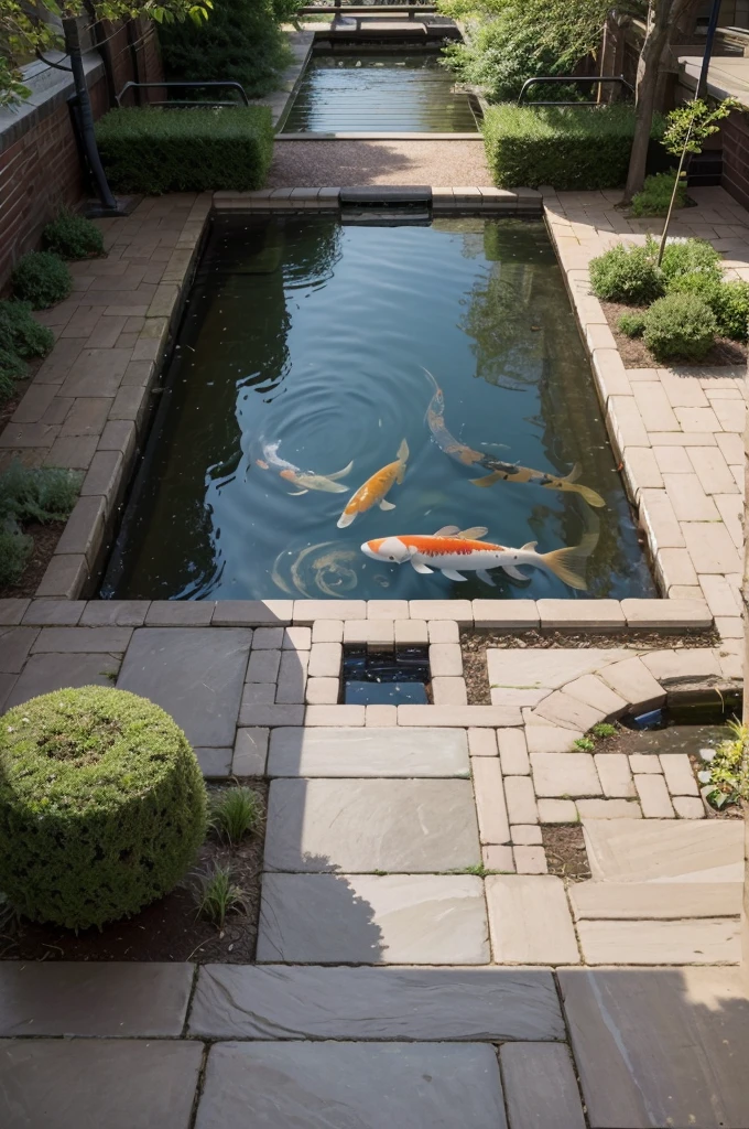 A lounge with brick bench in the middle of a koi pond, a central courtyard with Top-down view, Two rectangular koi ponds, in the middle a brick bench and a bridge area, the koi ponds are connected, aerial view, Outdoor koi pond surrounded by zen garden with a brick bench in the middle and brick bridges