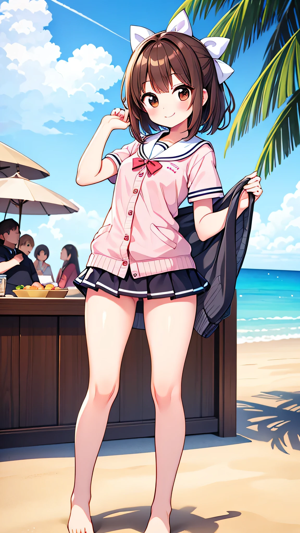 {Highest quality], [Super beautiful], [Ultra fine], [Best illustration], NSFW,Brown Hair, Hime cut,Bangs,girl,,uniform,knit cardigan,Short sleeve,skirt,smile, blush, Slender women,Standing posture,At the Beach,Summer festival,diagonal, barefoot,Strike a Pose