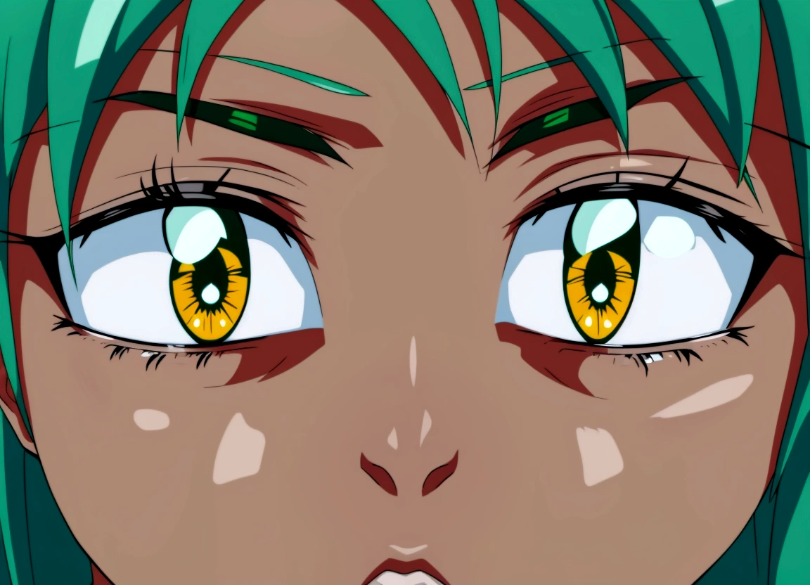 anime character with green hair and yellow eyes staring at something, evangelion style eyes, handsome anime eyes, huge anime eyes, tsurime eyes, it has a piercing gaze, black anime pupils in her eyes, perfect anime face, big anime eyes, closeup shot of face, anime face, detailed anime eyes with pupils, fubuki, large anime eyes