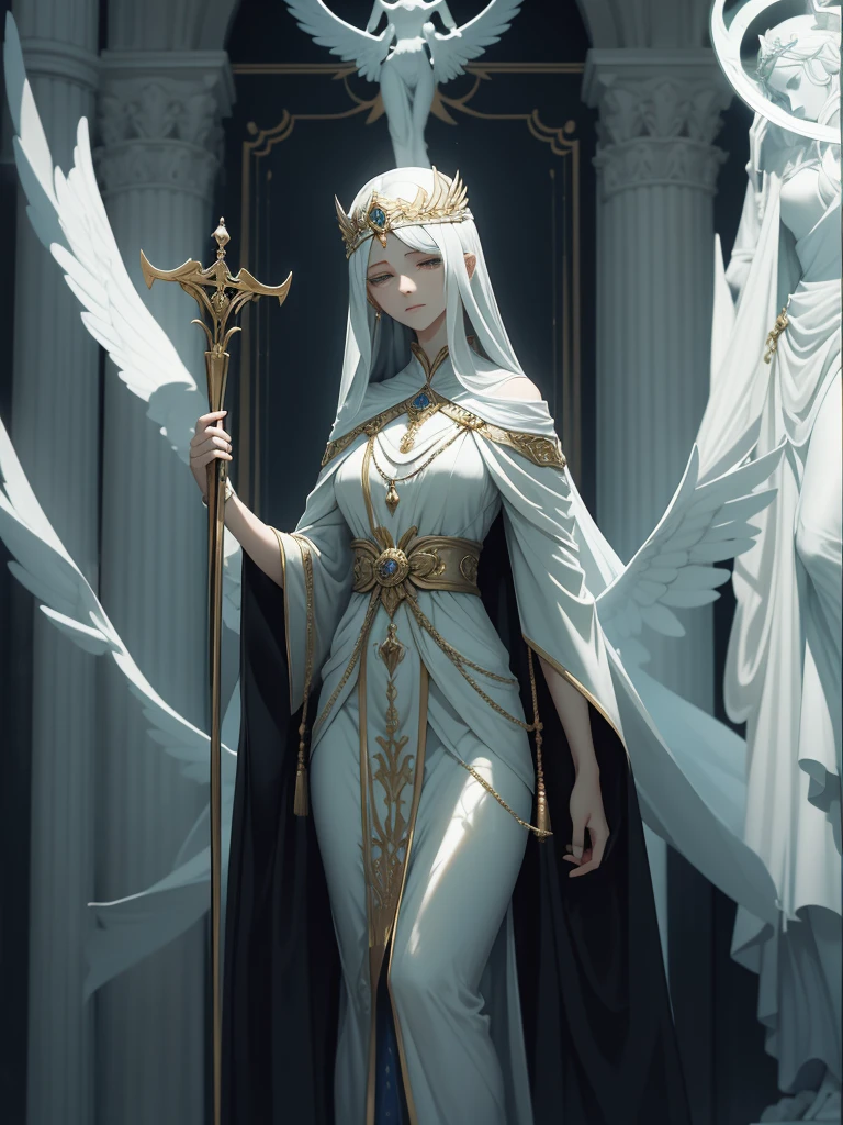 Imagine Themis as a regal figure of divine grace and wisdom, standing tall with a serene expression. Her eyes, hidden behind a white blindfold, signify impartiality and unbiased judgment. She wears a flowing gown that billows softly around her, symbolizing her connection to the heavens and the ethereal realm of justice. In one hand, she holds a set of perfectly balanced measuring scales, delicately measuring the weight of evidence and truth. In her other hand, she gently grasps a sword, representing her authority to enforce justice and maintain order. Her presence exudes a sense of solemnity and solemn grace, embodying the timeless principles of fairness and righteousness.