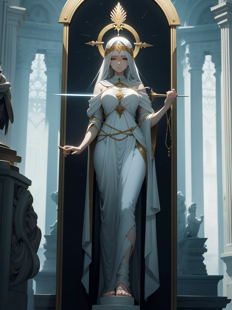 Imagine Themis as a regal figure of divine grace and wisdom, standing tall with a serene expression. Her eyes, hidden behind a white blindfold, signify impartiality and unbiased judgment. She wears a flowing gown that billows softly around her, symbolizing her connection to the heavens and the ethereal realm of justice. In one hand, she holds a set of perfectly balanced measuring scales, delicately measuring the weight of evidence and truth. In her other hand, she gently grasps a sword, representing her authority to enforce justice and maintain order. Her presence exudes a sense of solemnity and solemn grace, embodying the timeless principles of fairness and righteousness.