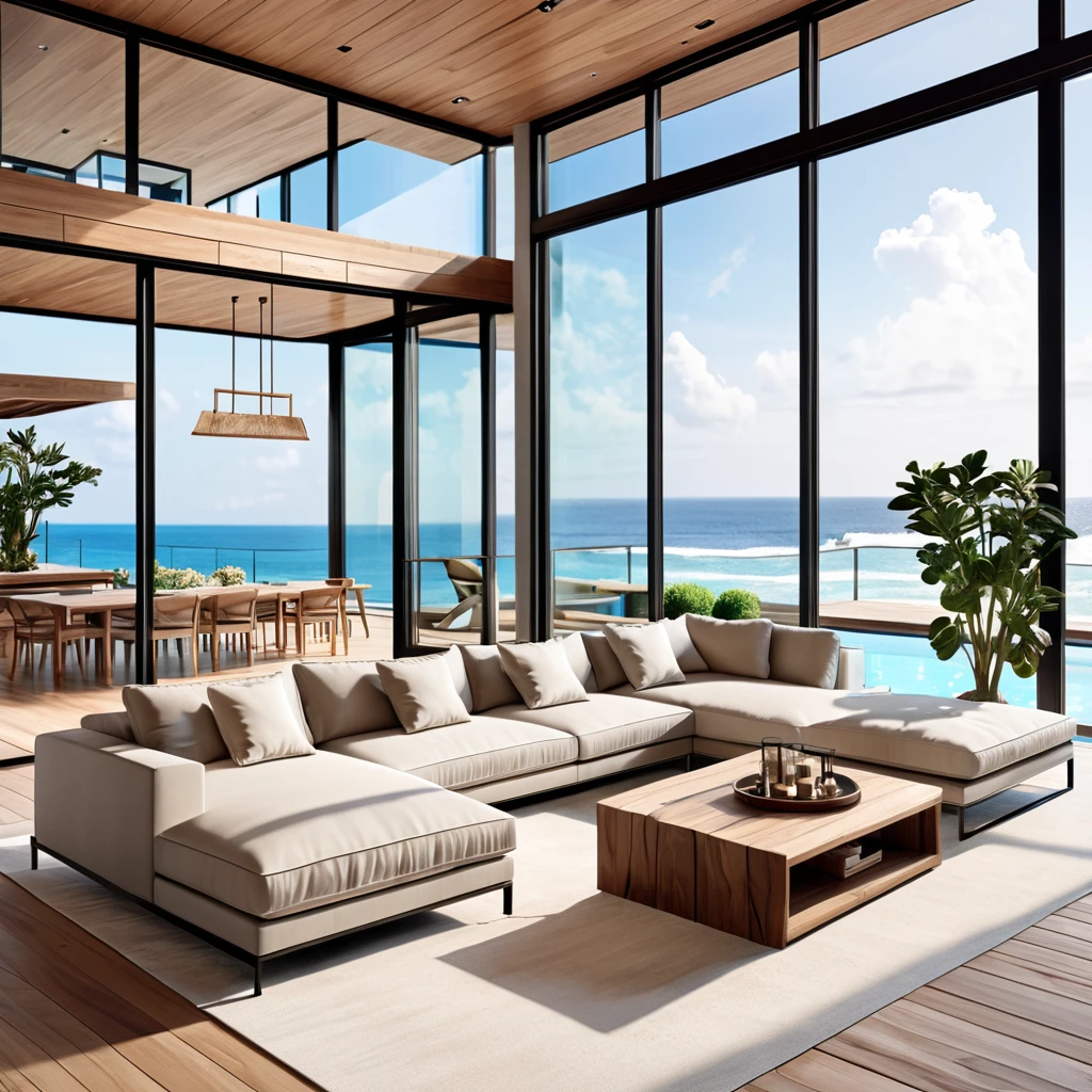 Design a modern beach house interior with floor-to-ceiling glass windows showcasing a breathtaking ocean view. The living space should include a spacious sectional sofa with neutral-toned cushions, an indoor pool, and a minimalist staircase. Utilize natural lighting to create an inviting and airy atmosphere. Add indoor plants and wooden furniture to enhance the connection between the indoor and outdoor spaces. The design should reflect modern aesthetics with a focus on comfort and a connection to the seaside environment.
