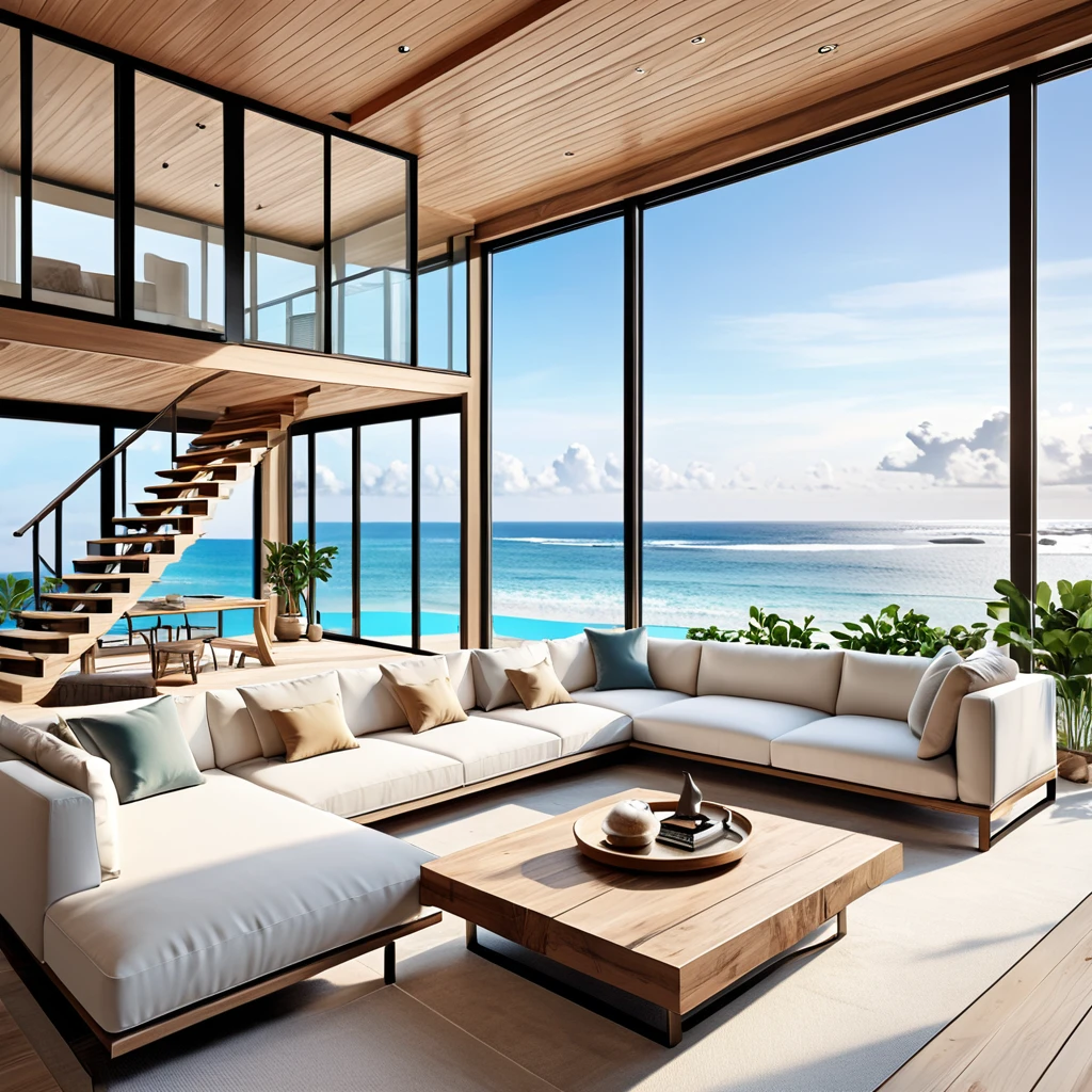 Design a modern beach house interior with floor-to-ceiling glass windows showcasing a breathtaking ocean view. The living space should include a spacious sectional sofa with neutral-toned cushions, an indoor pool, and a minimalist staircase. Utilize natural lighting to create an inviting and airy atmosphere. Add indoor plants and wooden furniture to enhance the connection between the indoor and outdoor spaces. The design should reflect modern aesthetics with a focus on comfort and a connection to the seaside environment.
