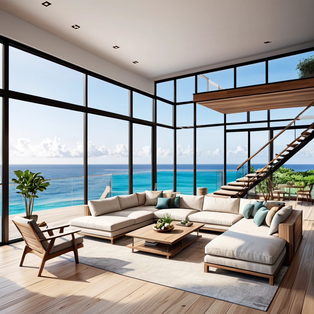 Design a modern beach house interior with floor-to-ceiling glass windows showcasing a breathtaking ocean view. The living space should include a spacious sectional sofa with neutral-toned cushions, an indoor pool, and a minimalist staircase. Utilize natural lighting to create an inviting and airy atmosphere. Add indoor plants and wooden furniture to enhance the connection between the indoor and outdoor spaces. The design should reflect modern aesthetics with a focus on comfort and a connection to the seaside environment.
