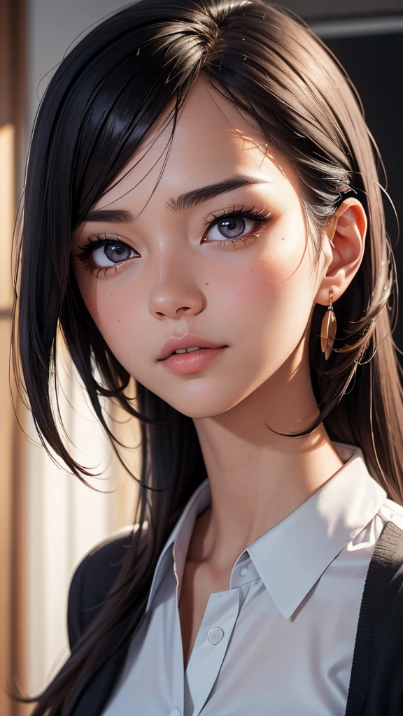 office setting, desk,upper body,japanese,beautiful browneyes, beautiful lips,(furrowed brow) , longeyelashes,((slender)),black hair,((straight hair )),looking away,displeased, office lady, (professional business attire), office setting, desk, (highres,masterpiece:1),detailed,(realistic,photorealistic,photo-realistic:1),HDR,UHD,studio lighting,ultra-fine painting,sharp focus,physically-based rendering,extreme detail description,professional,vivid colors,bokeh,intricate details,highly realistic,photorealistic portrait