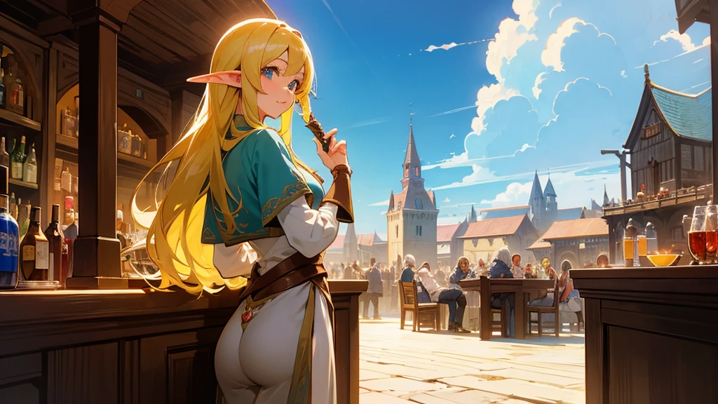 Anime Style,Nostalgic,Detailed background,The medieval world,A lively bar with lots of people,Beautiful sky,A beautiful bard elf girl looking back at me,Protruding buttocks