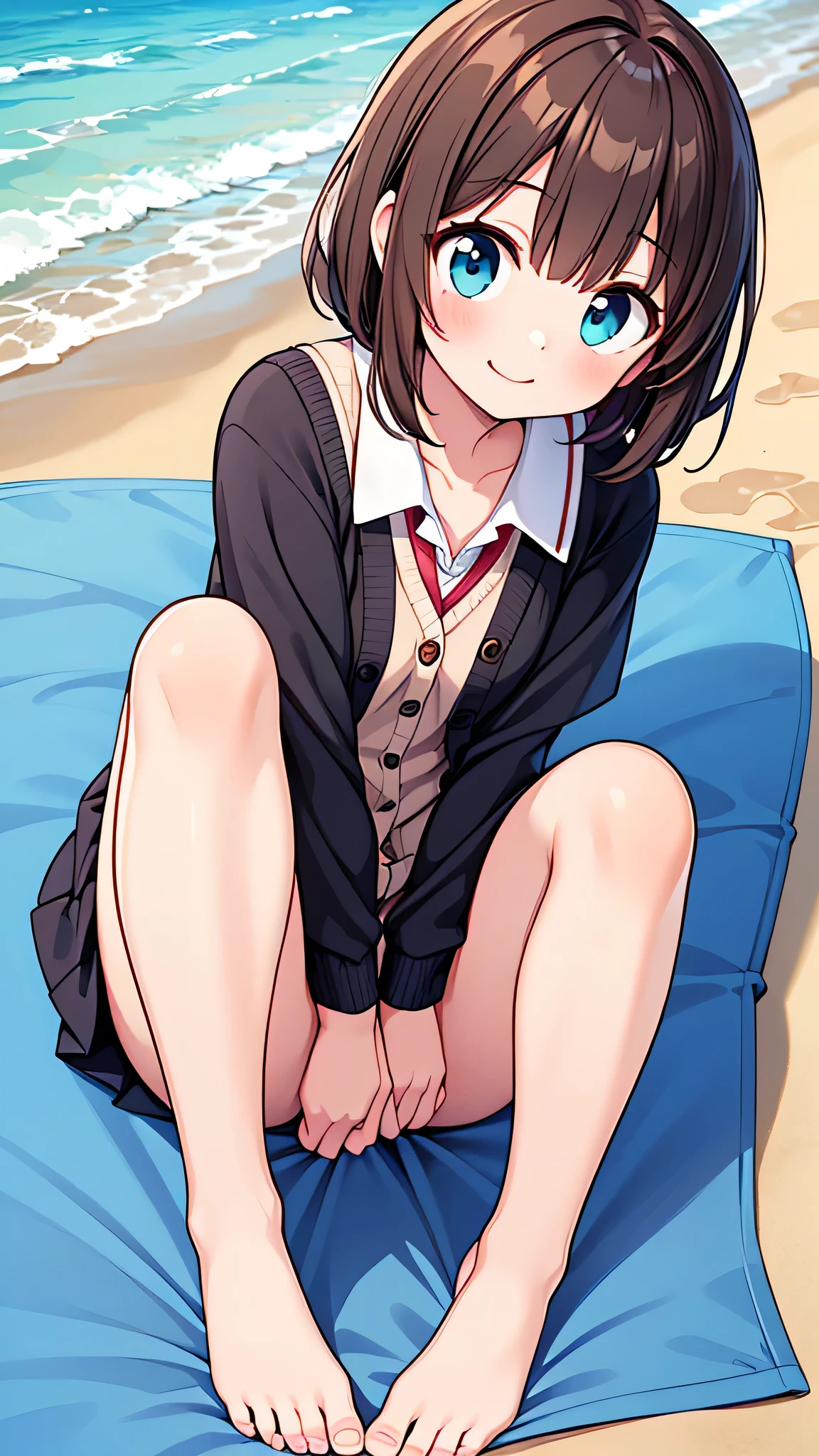 {Highest quality], [Super beautiful], [Ultra fine], [Best illustration], NSFW,Brown Hair, Hime cut,Bangs,girl,,uniform,knit cardigan,Short sleeve,skirt,smile, blush, Slender women,At the Beach,Summer festival,diagonal, barefoot,Strike a Pose