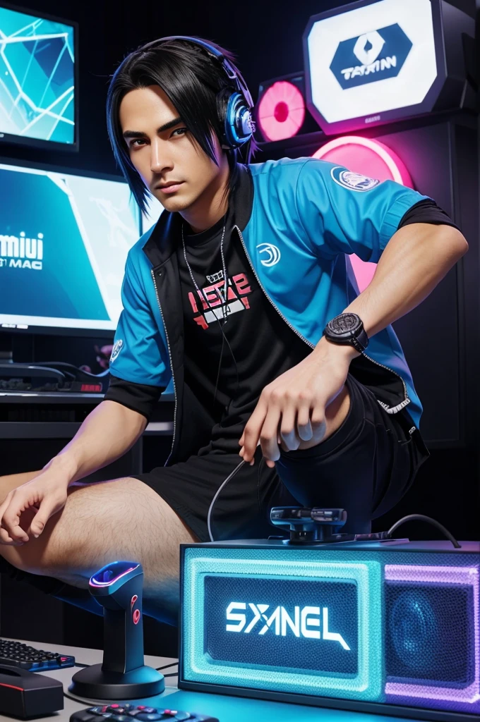 This is a gaming logo that features the name "TSM×Itachi" in a futuristic font and a neon blue color. and Boy Anime avtar, The logo also has a stylized controller icon and a YouTube play button in the background. The logo is designed to be attractive and eye-catching, and to appeal to gaming enthusiasts and YouTube viewers. I hope you like it.