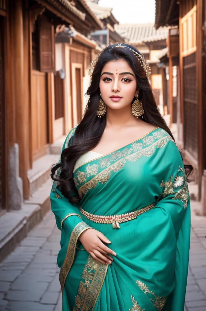 1 Heavenly beautiful and goddess beauty cute and sweet looking face Arabian female in front of Ciqikou Ancient Town, China, Heavenly beautiful Overweight, Heavenly beautiful Extremely fat, Heavenly beautiful and attractive Chubby figure , Heavenly beautiful looking and eye catching luxury style Kanjeevaram Saree , reaching out, Heavenly beautiful Arabian woman, 16k, High resolution, masterpiece, highest quality, fine skin, outside view, Realistic Photograph