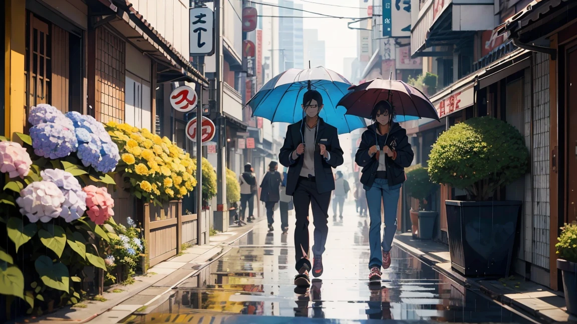 Anime Style,Men walk slowly through Tokyo, listening to the sound of rain. Colorful hydrangeas are blooming. They look like they're having a little fun.Umbrella, Ultra Detailed, High Detail, High Quality, Award Winning, Best Quality, High Resolution, 1080p, High Definition, 4K, 8k, 16K