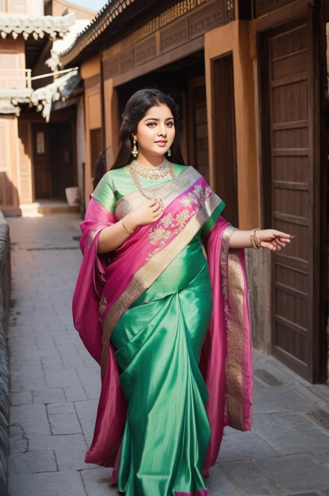 1 Heavenly beautiful and goddess beauty cute and sweet looking face Arabian female in front of Ciqikou Ancient Town, China, Heavenly beautiful Overweight, Heavenly beautiful Extremely fat, Heavenly beautiful and attractive Chubby figure , Heavenly beautiful looking and eye catching luxury style Kanjeevaram Saree , reaching out, Heavenly beautiful Arabian woman, 16k, High resolution, masterpiece, highest quality, fine skin, outside view, Realistic Photograph