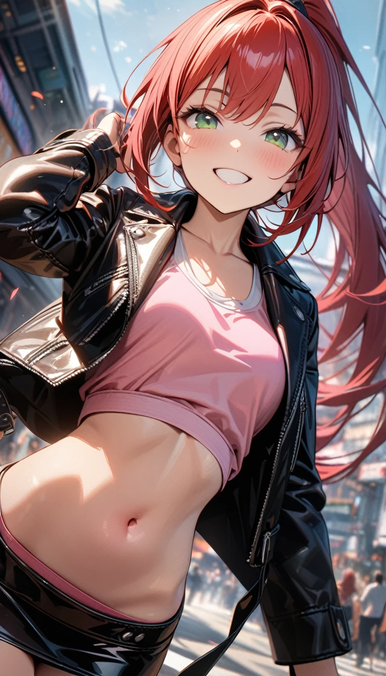 Young girl, long red hair, high ponytail, green eyes, smile, black leather jacket, pink tank top, tight leather skirt, open belly, smile, Masterpiece, best quality, Full HD, 8k, ultra details, great graphic