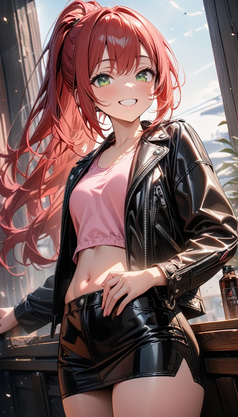 Young girl, long red hair, high ponytail, green eyes, smile, black leather jacket, pink tank top, tight leather skirt, open belly, smile, Masterpiece, best quality, Full HD, 8k, ultra details, great graphic