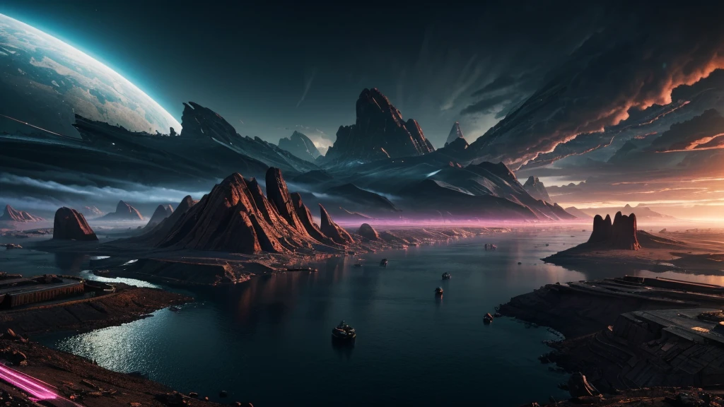 a vivid sci-fi landscape, cinematic atmosphere, dramatic lighting, hyper-detailed, photorealistic, 8k, HDR, physically-based rendering, masterpiece