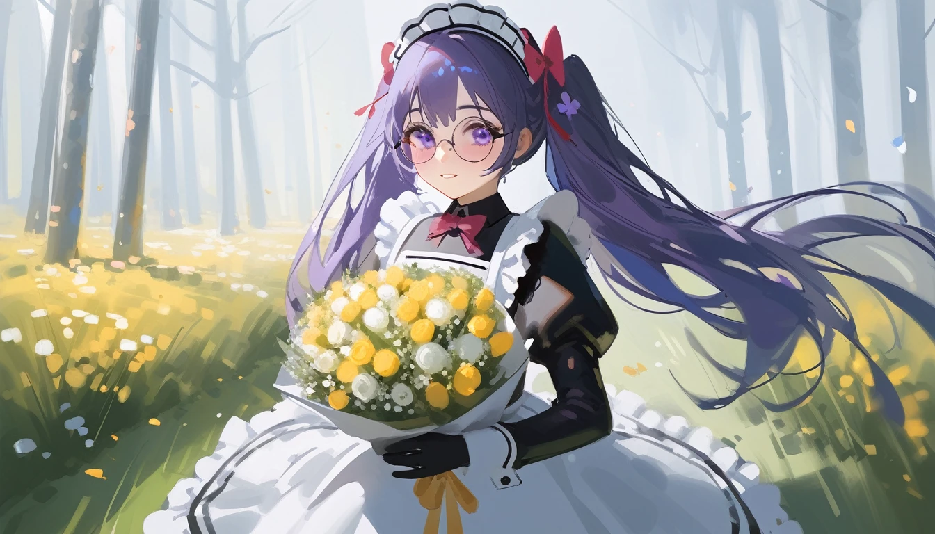 Ciloranko,  wlop, 1girl,  独奏,  flower,  bouquet,  purple eyes,  maid headdress,  looking at viewer,  maid,  apron,  full body, long hair, twintails,  holding,  white background,  long sleeves,  holding bouquet,  dress,  bow,  juliet sleeves,  puffy sleeves,  blush,  Spring Flowering Forest, parted lips,  frills,  ribbon,  two side up,  hair bow,  maid apron one girl, super high quality, Super Detail, Super Detailed image, long hair, looking at viewer, skirt, shirt, hair ornament, violet eyes,black gloves, round glasses, long sleeves,violet hair, round glasses, Flat Chest, smile