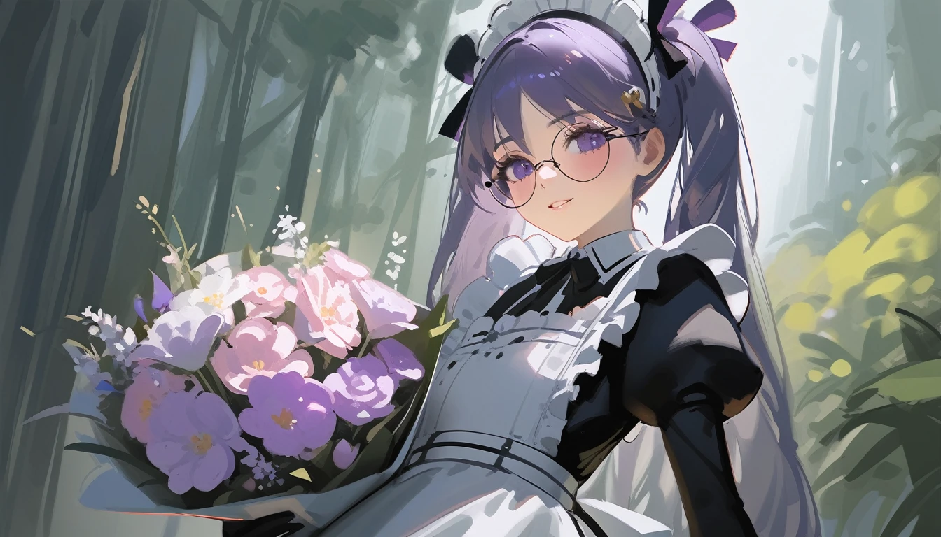 Ciloranko, wlop, 1girl, 独奏, flower, bouquet, purple eyes, maid headdress, looking at viewer, maid, apron, full body, long hair, twintails, holding, white background, long sleeves, holding bouquet, dress, bow, juliet sleeves, puffy sleeves, blush, Spring Flowering Forest, parted lips, frills, ribbon, two side up, hair bow, maid apron one girl, super high quality, Super Detail, Super Detailed image, long hair, looking at viewer, skirt, shirt, hair ornament, violet eyes,black gloves, round glasses, long sleeves,violet hair, round glasses, Flat Chest, smile