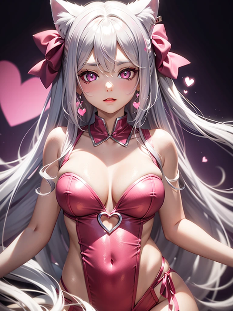 Silver hair, pink eyes, body, cat ears, , earrings, heart background fantasy, red pink uniform, hair bow