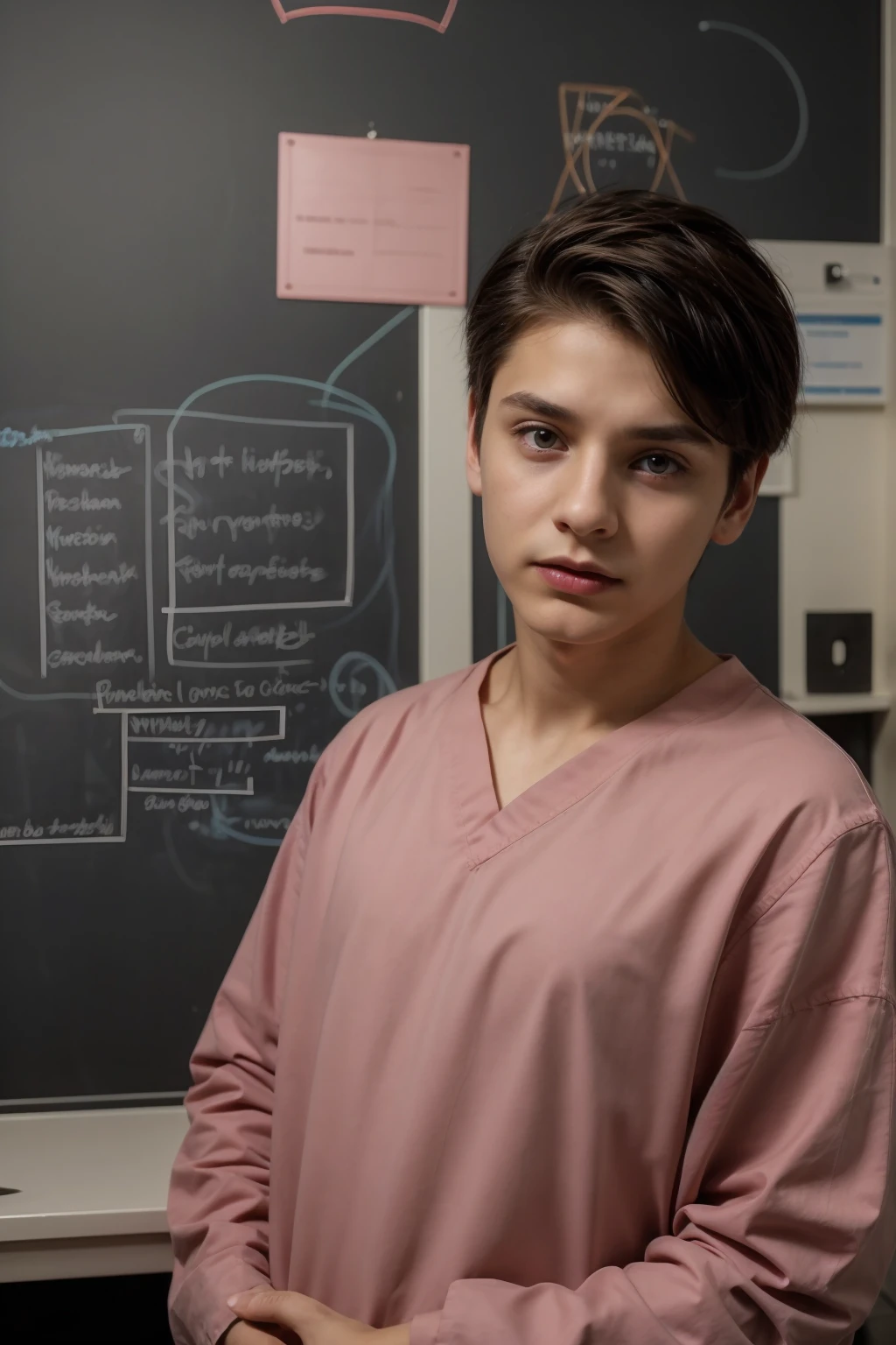 A cute, beautiful young male twink with a face with makeup and red lips. He has black hair. He is wearing a long-sleeved, pink shirt and aqua blue jeans. He is a medical scientist. He is in his office, and behind him is a blackboard with written chemical reactions and blood cells on it. He looks with amazement and shock with his eyes wide open.  Underneath are dark circles.
