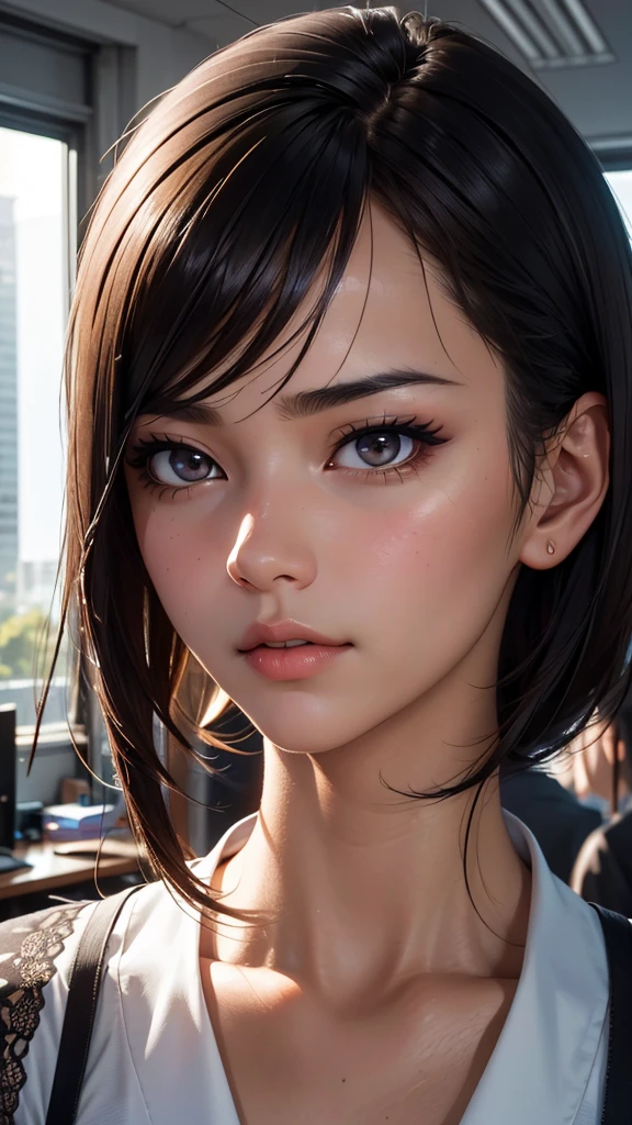 (office setting, desk),((upper body)),japanese,beautiful browneyes, beautiful lips,（furrowed brow） , longeyelashes,((slender)),black hair,((straight hair )),looking away,displeased, office lady, (professional business attire), office setting, desk, (highres,masterpiece:1),detailed,(realistic,photorealistic,photo-realistic:1),HDR,UHD,studio lighting,ultra-fine painting,sharp focus,physically-based rendering,extreme detail description,professional,vivid colors,bokeh,intricate details,highly realistic,photorealistic portrait