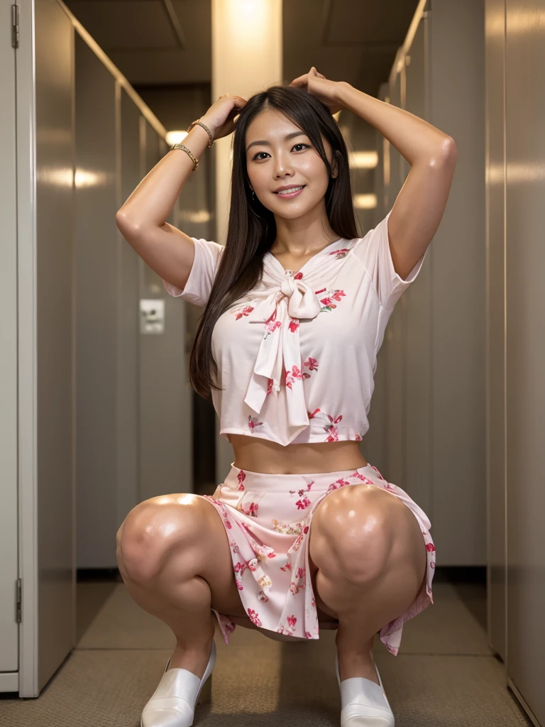 A japanese Lady,masutepiece, High quality, UHD 32K,Live-action adaptation,Muscular realistic face,gigantic , Realistic skin feeling,28 years old,solo,muscular,shiny tight satin patterned shirt,tight skirt,viewer,frontal photography,in the dark locker room,shiny and oily body,japanese teacher,squatting,arms up behind the head,Smile