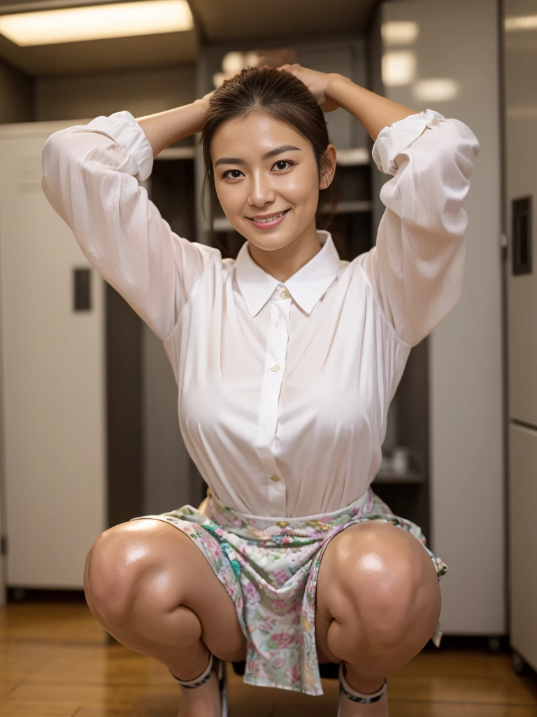 A japanese Lady,masutepiece, High quality, UHD 32K,Live-action adaptation,Muscular realistic face,gigantic breasts, Realistic skin feeling,28 years old,solo,muscular,shiny tight satin patterned shirt,tight skirt,viewer,frontal photography,in the dark locker room,shiny and oily body,japanese teacher,squatting,arms up behind the head,Smile