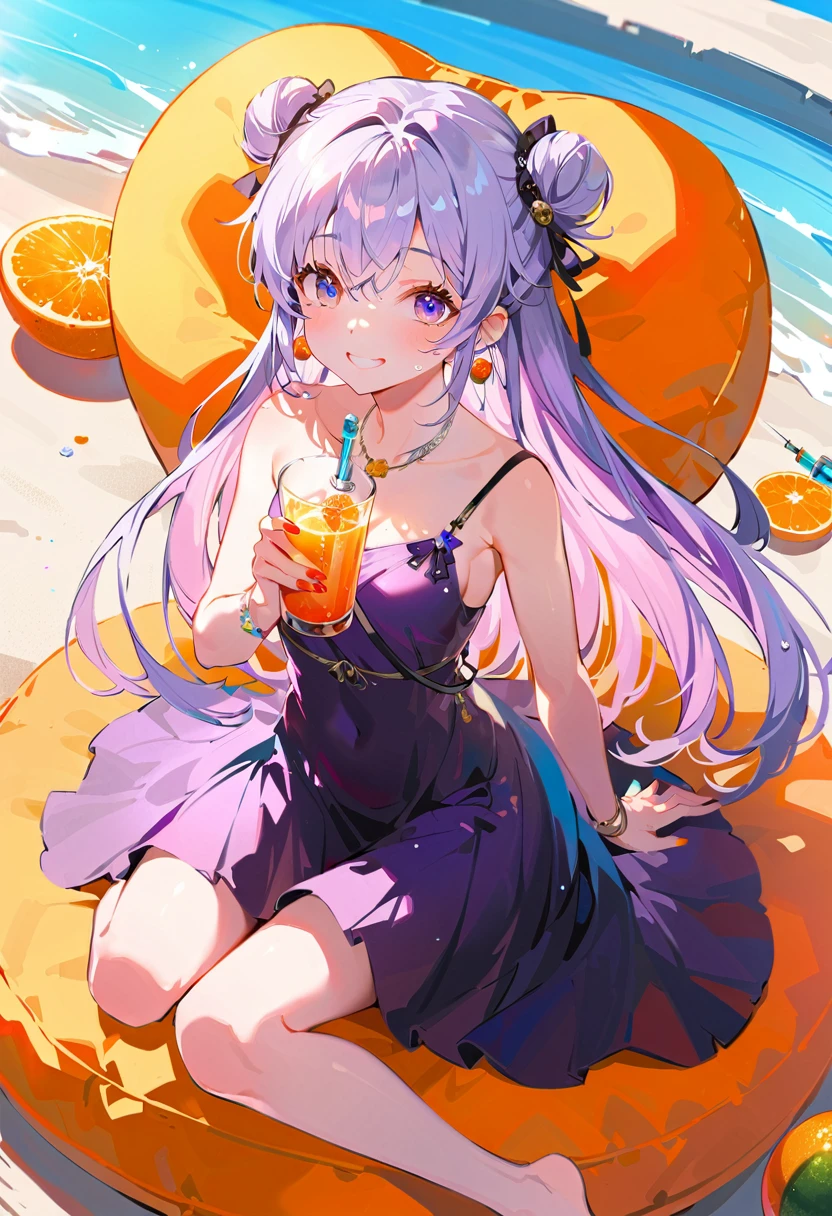 Purple hair girl painting、Glass mandarin orange earrings decorate both ears、Eye color: Ocean pink purple、Space Eyes、Inside the room、(((Giant orange shaped cushion)))Hug、Sit down, long hair、Bun Hair、Cool and complicated, Hand holding sliced orange, A very happy expression with plenty of orange juice、Orange juice spills from both hands, Very embarrassed、The best smile、Open your mouth wide、Grin、目はclose、((Purple and black dress))、((Syringe Shoulder Bag)), Fun and lively characters, close( Perfect Anatomy )、Beautiful, translucent white skin、A slightly wet purple dress、Underwear is visible、Soaking wet、quality\(8K,非常に精細なCGユニットのwallpaper, masterpiece,High resolution,top-quality,top-quality real texture skin,Super two-dimensional,Increase the resolution,RAW Photos,最高quality,Very detailed,wallpaper,Cinema Lighting,Ray-tracing,Golden Ratio\),[Browsing Caution]、White and orange theme、Everything is orange except for the outfit, hairstyle, and eye color.、barefoot、whole body