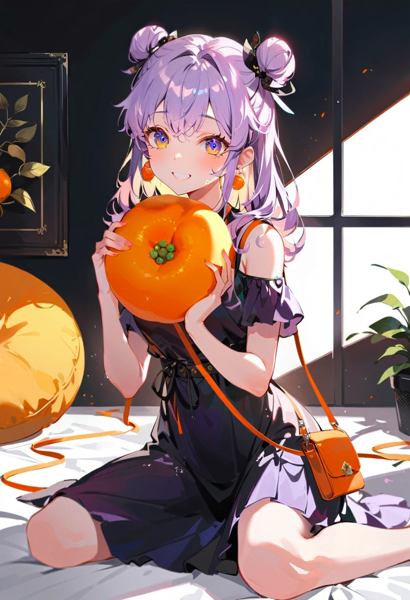Purple hair girl painting、Glass mandarin orange earrings decorate both ears、Eye color: Ocean pink purple、Space Eyes、Poolside、(((Giant orange shaped cushion)))、((Hugging on a cushion))、Sit down, long hair、Bun Hair、Cool and complicated, Hand holding sliced orange, A very happy expression with plenty of orange juice、((The syringe contains orange juice))、Very embarrassed、The best smile、Open your mouth wide、Grin、目はclose、((Purple and black dress))、((Syringe Shoulder Bag)), Fun and lively characters, close( Perfect Anatomy )、Beautiful, translucent white skin、A purple dress slightly damp with sweat、Underwear is visible、quality\(8K,非常に精細なCGユニットのwallpaper, masterpiece,High resolution,top-quality,top-quality real texture skin,Super two-dimensional,Increase the resolution,RAW Photos,最高quality,Very detailed,wallpaper,Ray-tracing,Golden Ratio\),[Browsing Caution]、White and orange theme、Everything is orange except for the outfit, hairstyle, and eye color.、barefoot