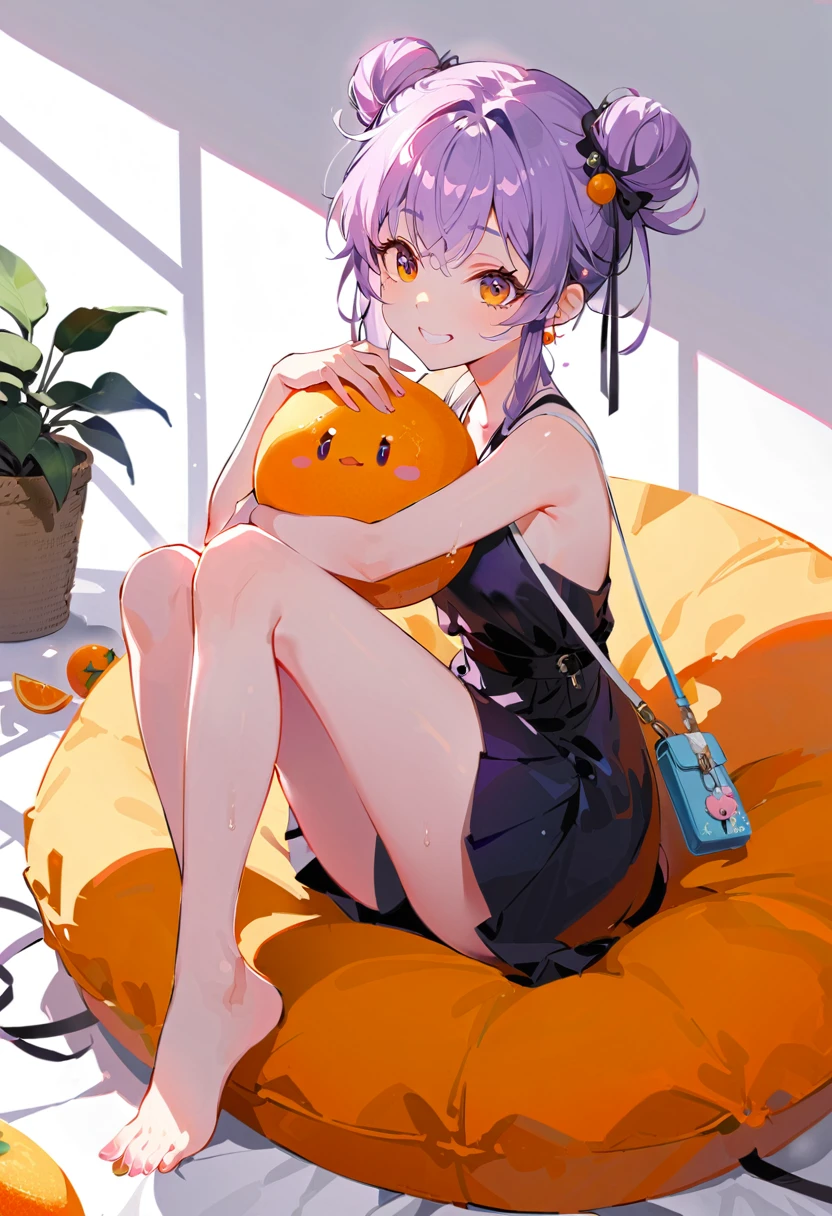 Purple hair girl painting、Glass mandarin orange earrings decorate both ears、Eye color: Ocean pink purple、Space Eyes、Poolside、(((Giant orange shaped cushion)))、((Hugging on a cushion))、Sit down, long hair、Bun Hair、Cool and complicated, Hand holding sliced orange, A very happy expression with plenty of orange juice、((The syringe contains orange juice))、Very embarrassed、The best smile、Open your mouth wide、Grin、目はclose、((Purple and black dress))、((Syringe Shoulder Bag)), Fun and lively characters, close( Perfect Anatomy )、Beautiful, translucent white skin、A purple dress slightly damp with sweat、Underwear is visible、quality\(8K,非常に精細なCGユニットのwallpaper, masterpiece,High resolution,top-quality,top-quality real texture skin,Super two-dimensional,Increase the resolution,RAW Photos,最高quality,Very detailed,wallpaper,Ray-tracing,Golden Ratio\),[Browsing Caution]、White and orange theme、Everything is orange except for the outfit, hairstyle, and eye color.、barefoot