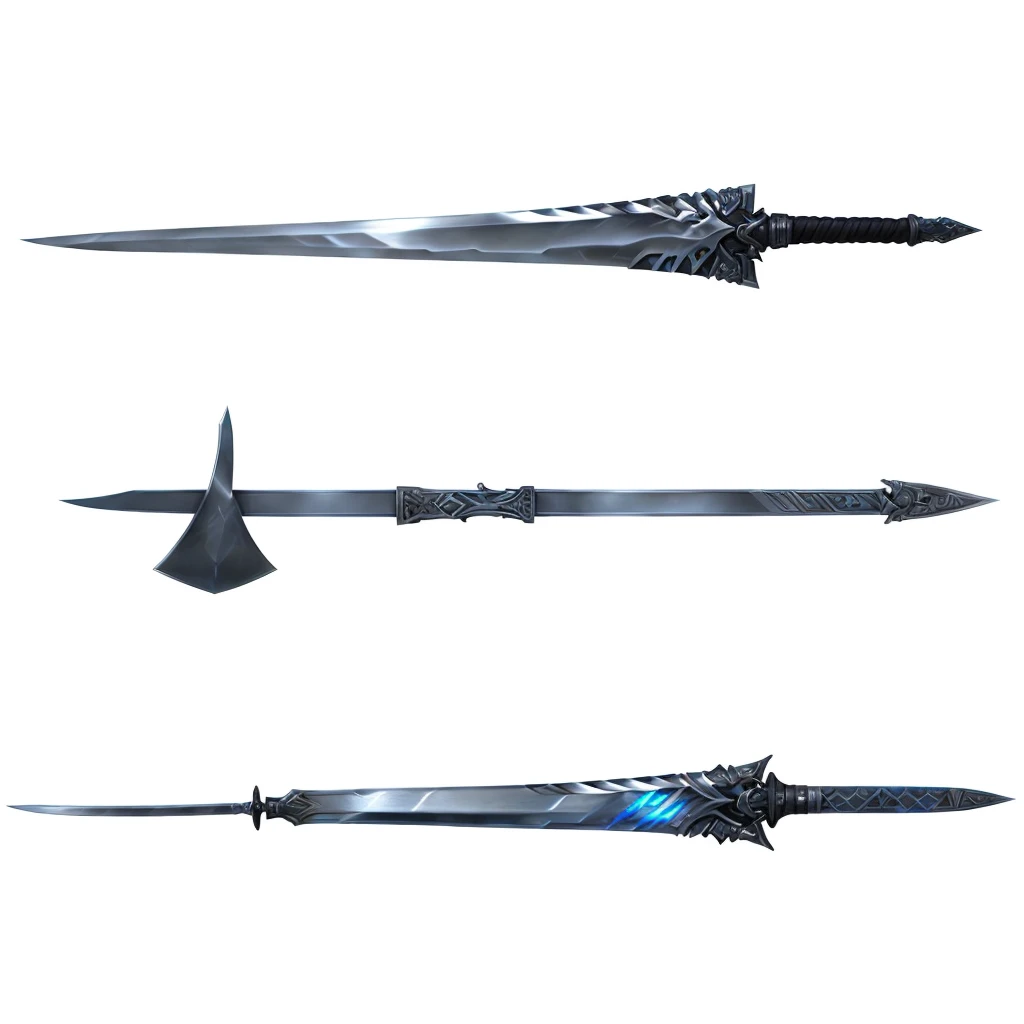 Close-up of a sword with a knife, sword design, War blade weapon, Armored Sword Blade, Ghost Blade Style, blade design, Weapon Design, Multiple Floating Swords, Large sword, weapons concept art, Weapon concept art, Large sword, Pole Weapon Glaive, Metal sword, Complex fantasy spear, Buster Sword, infinity blade concept art, weapons