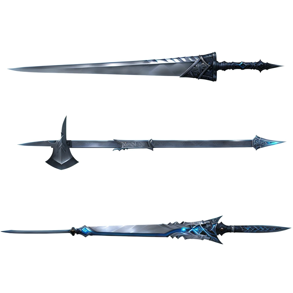 Close-up of a sword with a knife, sword design, War blade weapon, Armored Sword Blade, Ghost Blade Style, blade design, Weapon Design, Multiple Floating Swords, Large sword, weapons concept art, Weapon concept art, Large sword, Pole Weapon Glaive, Metal sword, Complex fantasy spear, Buster Sword, infinity blade concept art, weapons