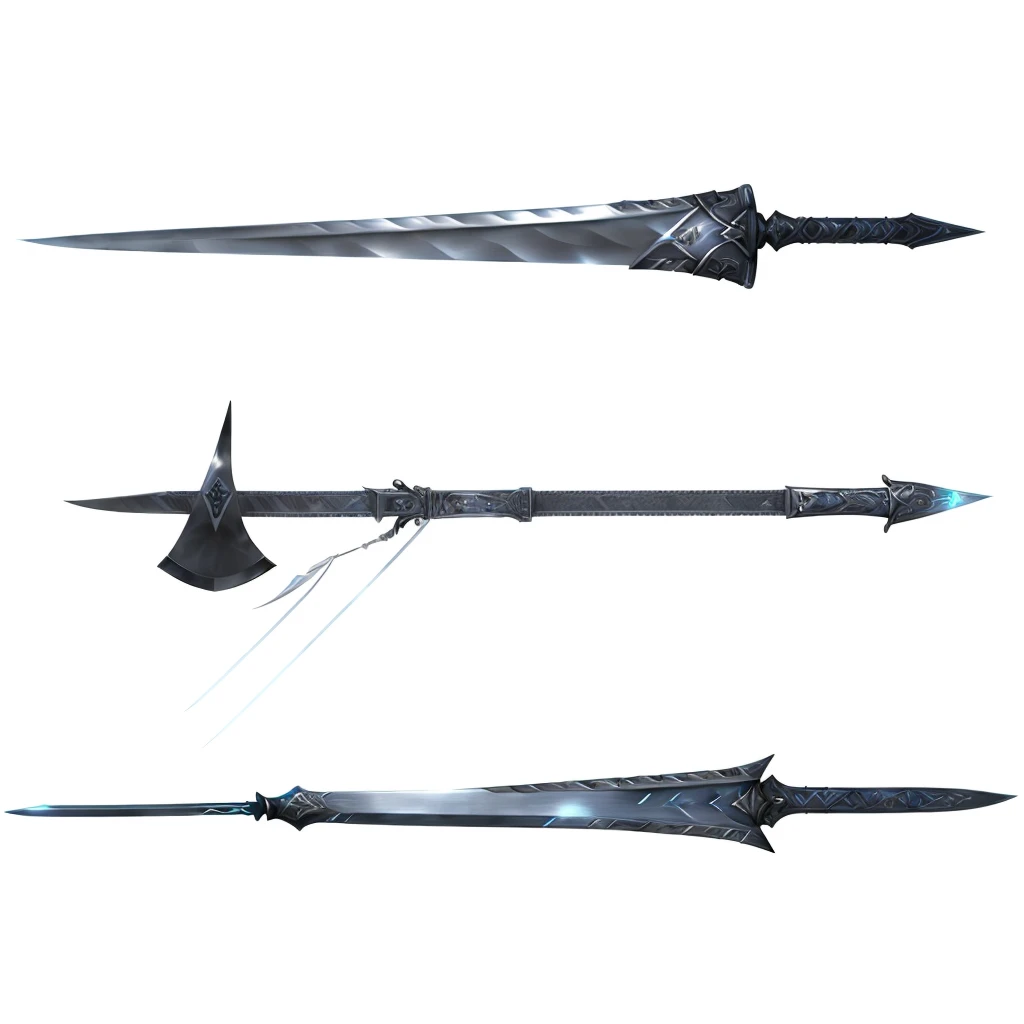 Close-up of a sword with a knife, sword design, War blade weapon, Armored Sword Blade, Ghost Blade Style, blade design, Weapon Design, Multiple Floating Swords, Large sword, weapons concept art, Weapon concept art, Large sword, Pole Weapon Glaive, Metal sword, Complex fantasy spear, Buster Sword, infinity blade concept art, weapons