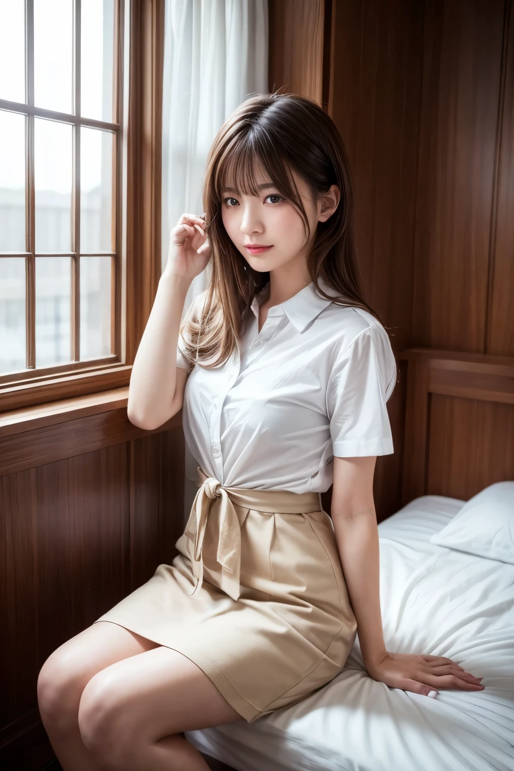 Tied up woman、(((Put your hands behind your back、Cross your wrists)))、(Tie your wrists with a rope)、beauty、Well-formed face、Shiny long black hair、Even out the eyes、Inside the hotel room、Please show me your whole body、White short sleeve shirt、Navy Semi-Long Skirt、Panty lines、Wear pumps、sitting on the floor by the window、Age 25、Medium、Like a real photo、Highest quality, Light brown hair, Straight hair, Shiny Hair, Part your lips, Captivating smile, Surrealism, Hyperrealism, Verism, Cinema Lighting, tachi-e, First Person View, Nikon, 超High resolution, Anatomically correct hand, Highest quality, High resolution, 8K,