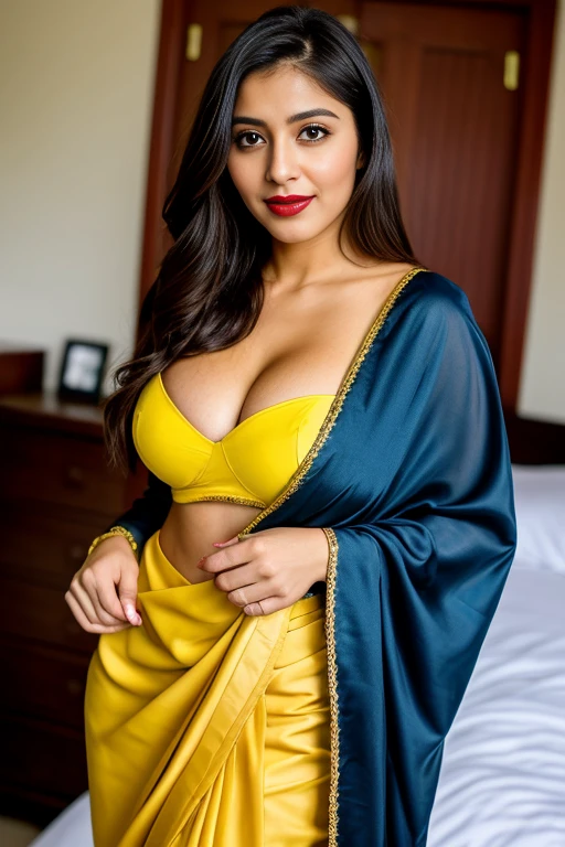  photo portrait of beautiful  busty and bulky desi bhabhi,  posing  inside her bedroom wearing sexy see through strapless yellow saree showing her bulky waist,   winter morning, looking at viewer, lense flare, (realistic eyes, symmetric face:0.8) (masterpiece:1.2) (photorealistic:1.2) (bokeh) (best quality) (detailed skin) (intricate) (8k) (HDR) (cinematic lighting) (sharp focus), big breast, big natural lips, dark red lips, sparkling day dreams eyes.