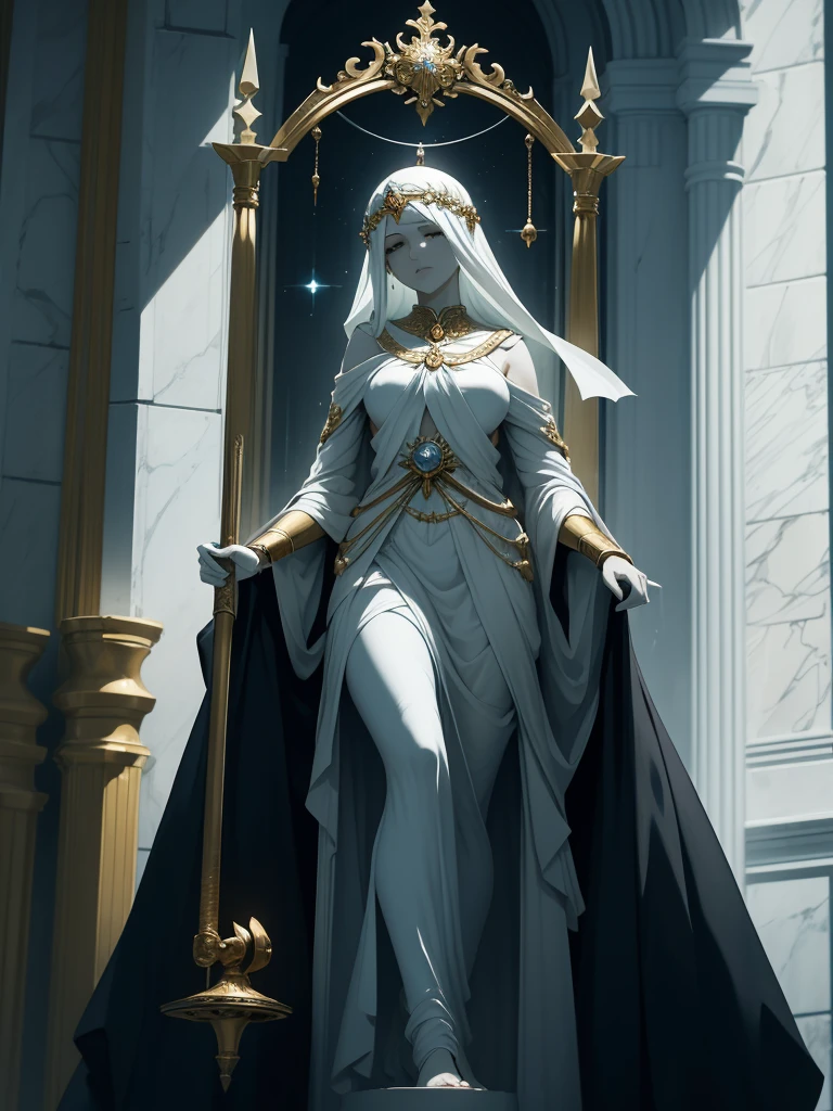 Imagine Themis as a regal figure of divine grace and wisdom, standing tall with a serene expression. Her eyes, hidden behind a white blindfold, signify impartiality and unbiased judgment. She wears a flowing gown that billows softly around her, symbolizing her connection to the heavens and the ethereal realm of justice. In one hand, she holds a perfectly balancing scale, delicately measuring the weight of evidence and truth. In her other hand, she gently grasps a sword, representing her authority to enforce justice and maintain order. Her presence exudes a sense of solemnity and solemn grace, embodying the timeless principles of fairness and righteousness.